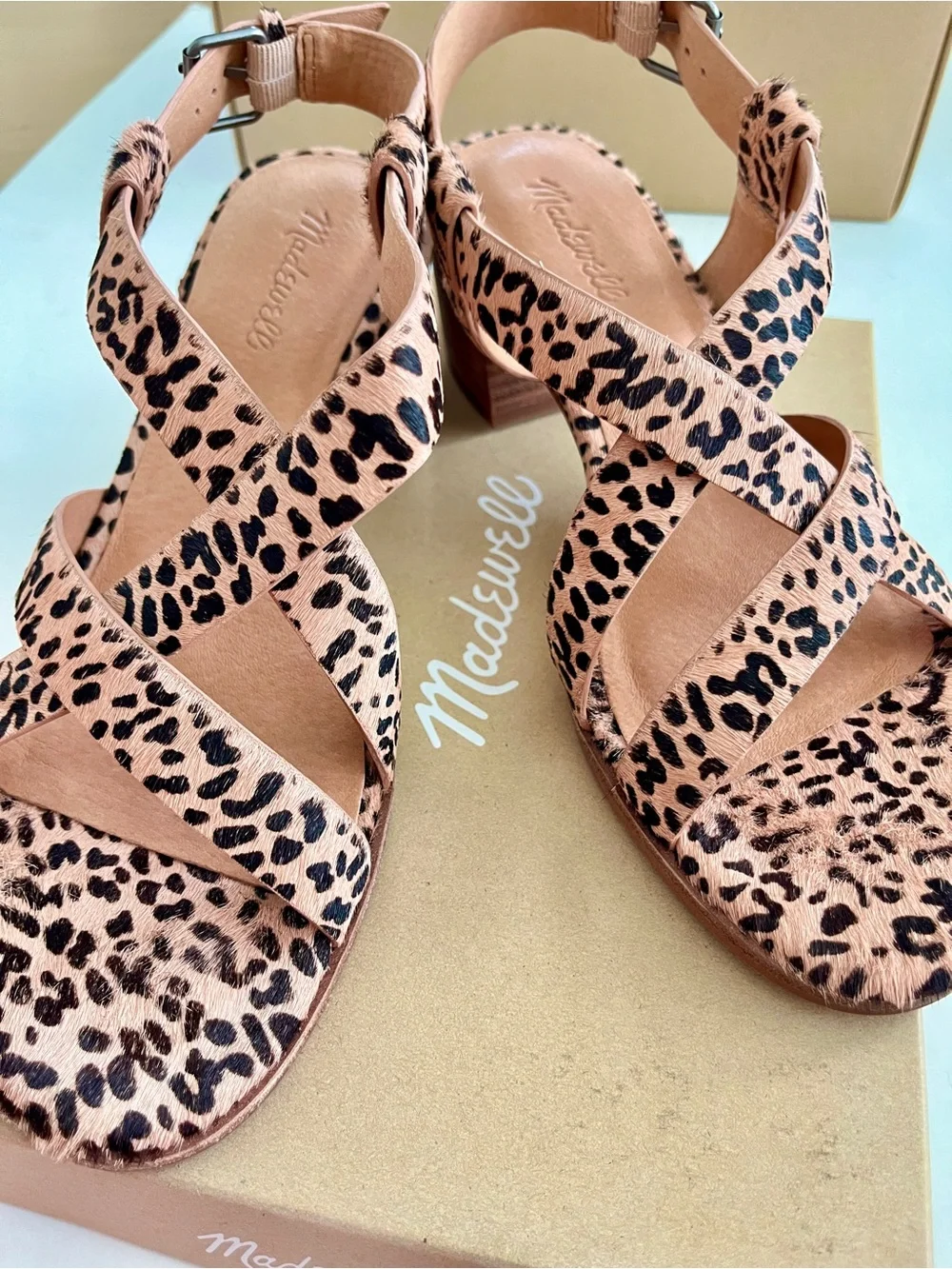 Madewell Wisteria Dove cheeta Strappy Block Heel Sandals Tan/Black Womens 9.5